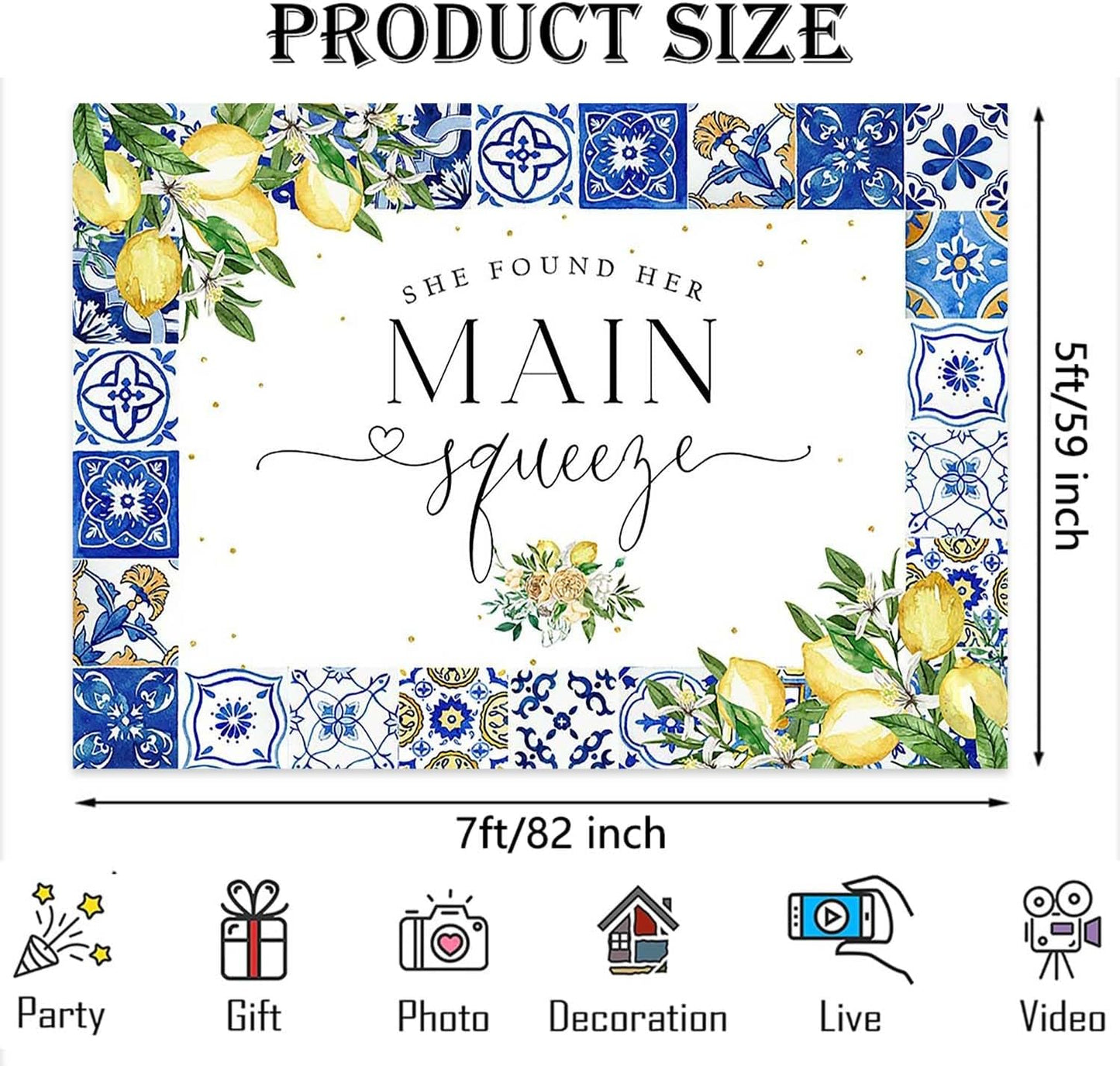 Lemon Bridal Shower Backdrop She Found Her Main Squeeze Bridal Shower Photography Background Blue Tiles Lemon Citrus Bridal Shower Party Decorations Banner Photo Booth Props (7x5ft), X-199