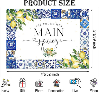 Lemon Bridal Shower Backdrop She Found Her Main Squeeze Bridal Shower Photography Background Blue Tiles Lemon Citrus Bridal Shower Party Decorations Banner Photo Booth Props (7x5ft), X-199