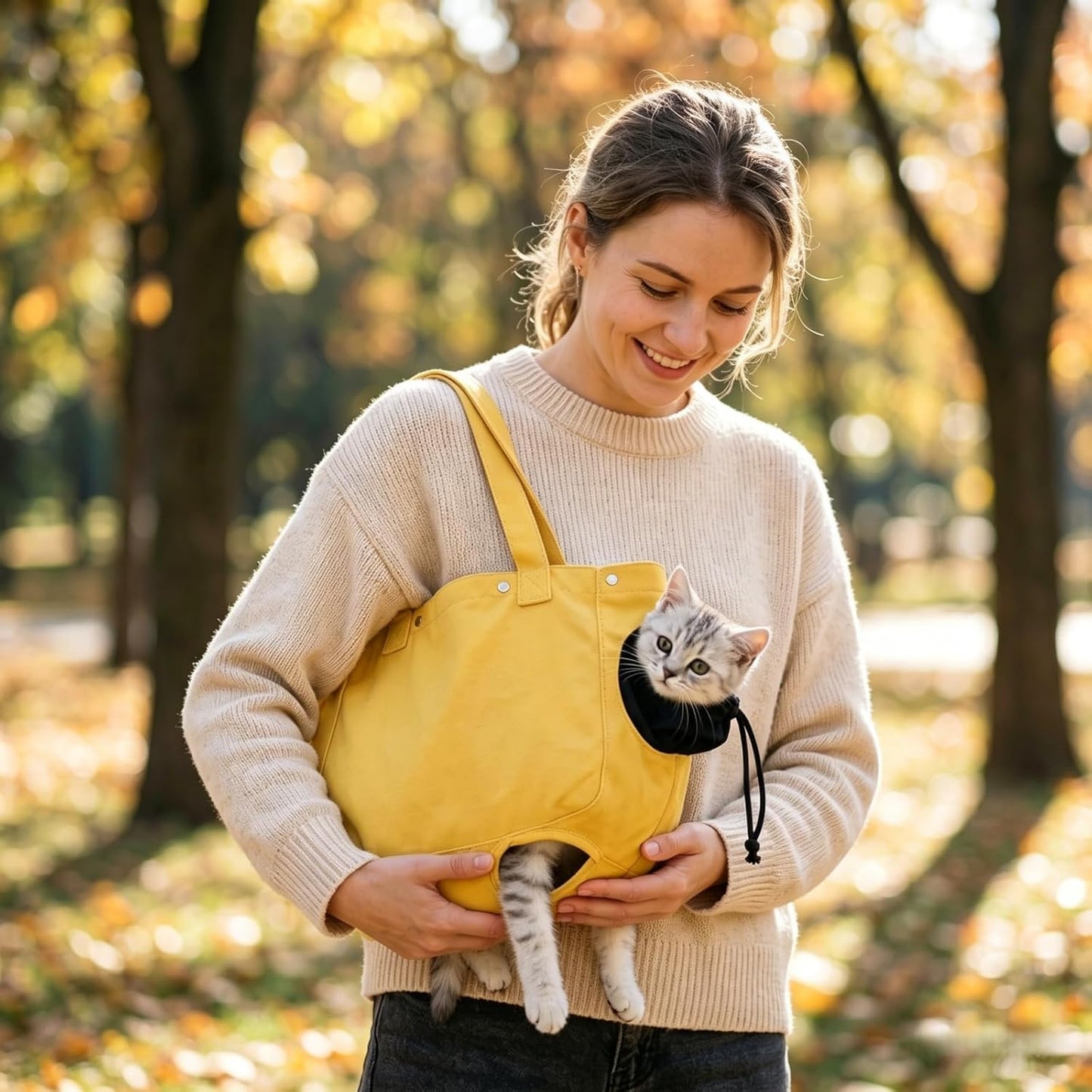 Cat Carrier Bag, Soft Pet Canvas Shoulder Carrying Pouch Hand Free Kitten Backpack with Holes for 5-11 lbs Small Dogs, Cats, and Pets Outdoor Travel, Yellow
