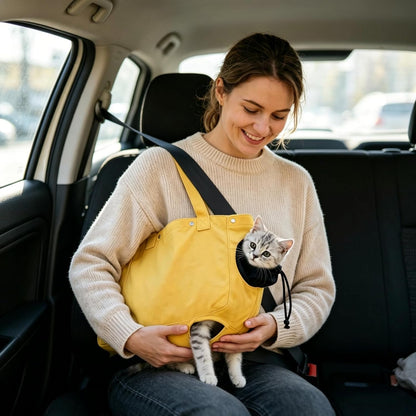 Cat Carrier Bag, Soft Pet Canvas Shoulder Carrying Pouch Hand Free Kitten Backpack with Holes for 5-11 lbs Small Dogs, Cats, and Pets Outdoor Travel, Yellow