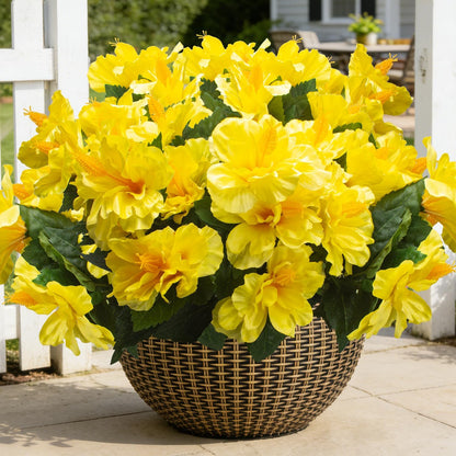 Artificial Hibiscus Flowers 5 Bundles, UV Resistant Fake Tropical Flowers Realistic Silk Blooms for Outdoor Planter Garden Patio Porch Window Box Home Decor (Yellow)