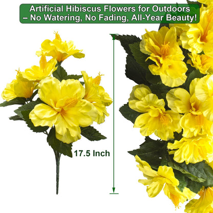 Artificial Hibiscus Flowers 5 Bundles, UV Resistant Fake Tropical Flowers Realistic Silk Blooms for Outdoor Planter Garden Patio Porch Window Box Home Decor (Yellow)