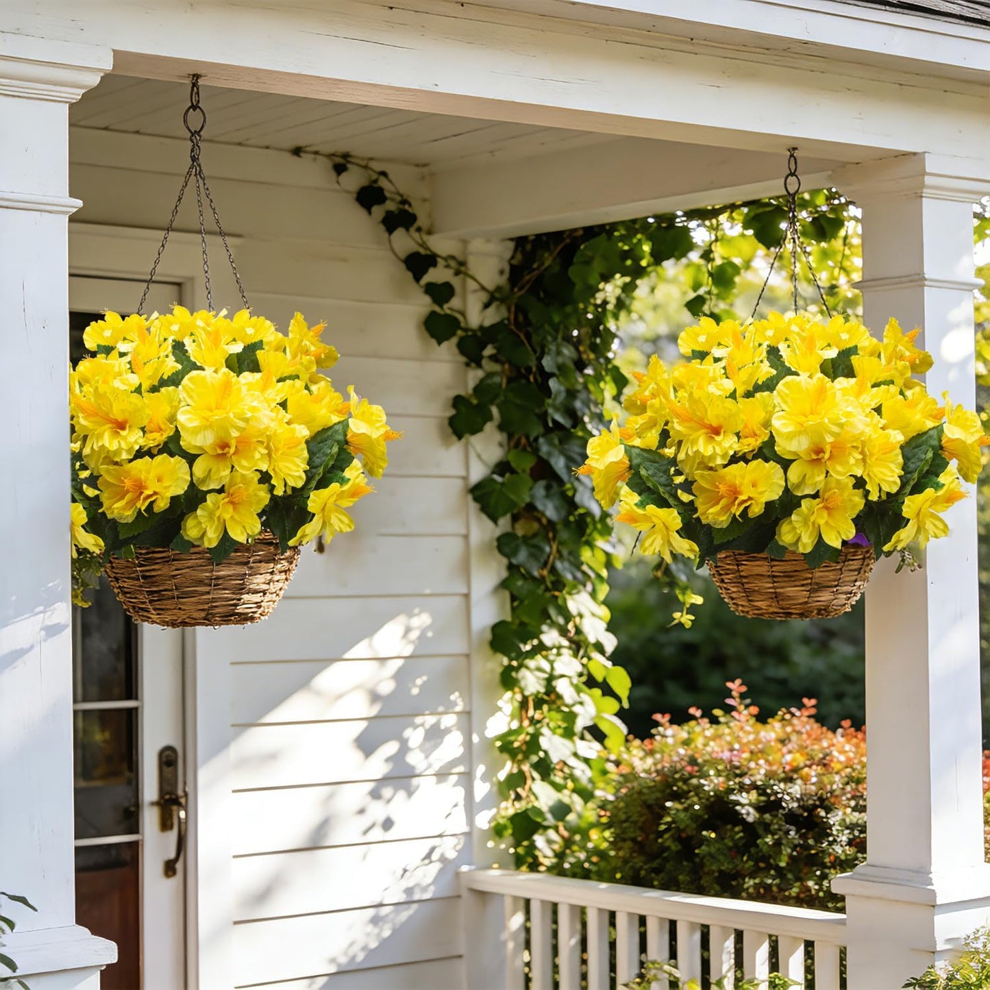 Artificial Hibiscus Flowers 5 Bundles, UV Resistant Fake Tropical Flowers Realistic Silk Blooms for Outdoor Planter Garden Patio Porch Window Box Home Decor (Yellow)