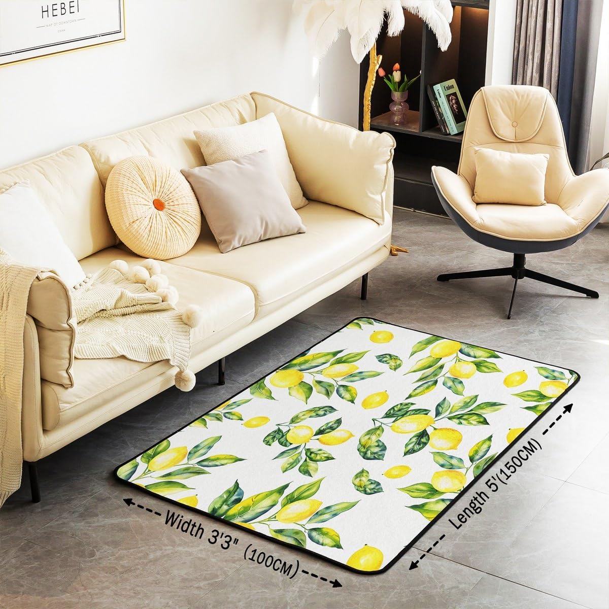 Lemon Area Rug 3x5 Botanical Lemon Pattern Indoor Floor Mat Room Decorative Tropical Fruit Living Room Rugs Yellow Green Accent Rug
