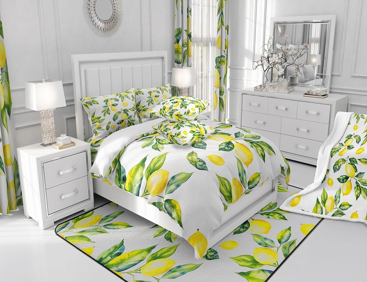 Lemon Area Rug 3x5 Botanical Lemon Pattern Indoor Floor Mat Room Decorative Tropical Fruit Living Room Rugs Yellow Green Accent Rug
