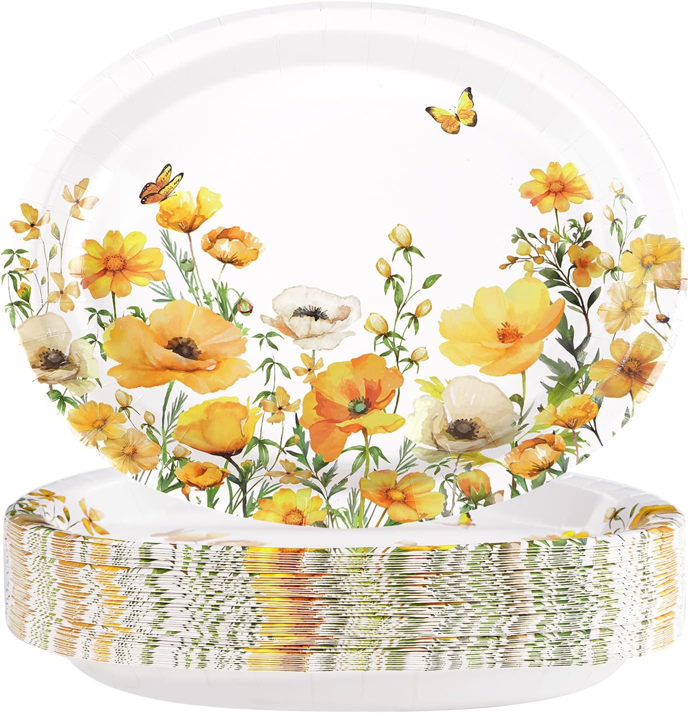 Greencian 50Pcs Spring Floral Large Oval Paper Plate 12 x 10 Inch | Watercolor Calliopsis Flower Disposable Heavy Duty Plates Yellow Flowers Dessert Platters for Seasonal Lunch Bday Supplies