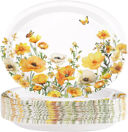 Greencian 50Pcs Spring Floral Large Oval Paper Plate 12 x 10 Inch | Watercolor Calliopsis Flower Disposable Heavy Duty Plates Yellow Flowers Dessert Platters for Seasonal Lunch Bday Supplies