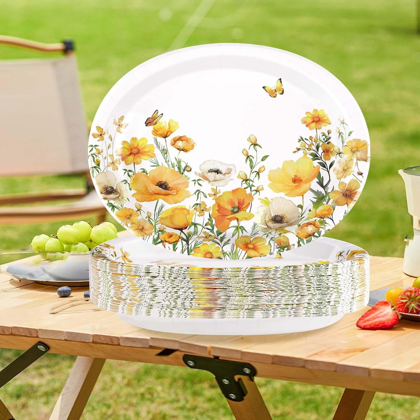 Greencian 50Pcs Spring Floral Large Oval Paper Plate 12 x 10 Inch | Watercolor Calliopsis Flower Disposable Heavy Duty Plates Yellow Flowers Dessert Platters for Seasonal Lunch Bday Supplies