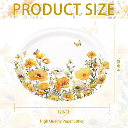 Greencian 50Pcs Spring Floral Large Oval Paper Plate 12 x 10 Inch | Watercolor Calliopsis Flower Disposable Heavy Duty Plates Yellow Flowers Dessert Platters for Seasonal Lunch Bday Supplies