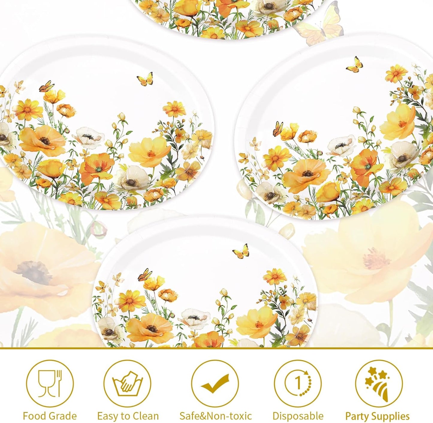 Greencian 50Pcs Spring Floral Large Oval Paper Plate 12 x 10 Inch | Watercolor Calliopsis Flower Disposable Heavy Duty Plates Yellow Flowers Dessert Platters for Seasonal Lunch Bday Supplies