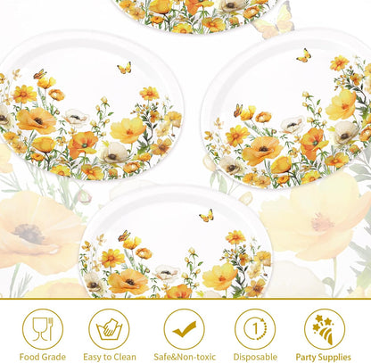 Greencian 50Pcs Spring Floral Large Oval Paper Plate 12 x 10 Inch | Watercolor Calliopsis Flower Disposable Heavy Duty Plates Yellow Flowers Dessert Platters for Seasonal Lunch Bday Supplies