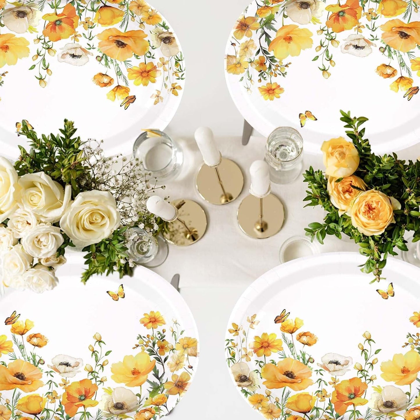 Greencian 50Pcs Spring Floral Large Oval Paper Plate 12 x 10 Inch | Watercolor Calliopsis Flower Disposable Heavy Duty Plates Yellow Flowers Dessert Platters for Seasonal Lunch Bday Supplies