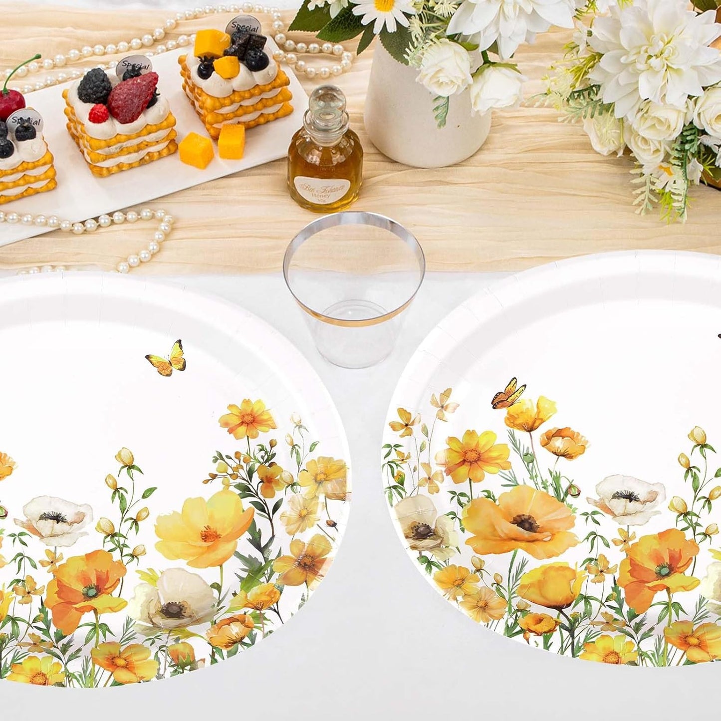 Greencian 50Pcs Spring Floral Large Oval Paper Plate 12 x 10 Inch | Watercolor Calliopsis Flower Disposable Heavy Duty Plates Yellow Flowers Dessert Platters for Seasonal Lunch Bday Supplies