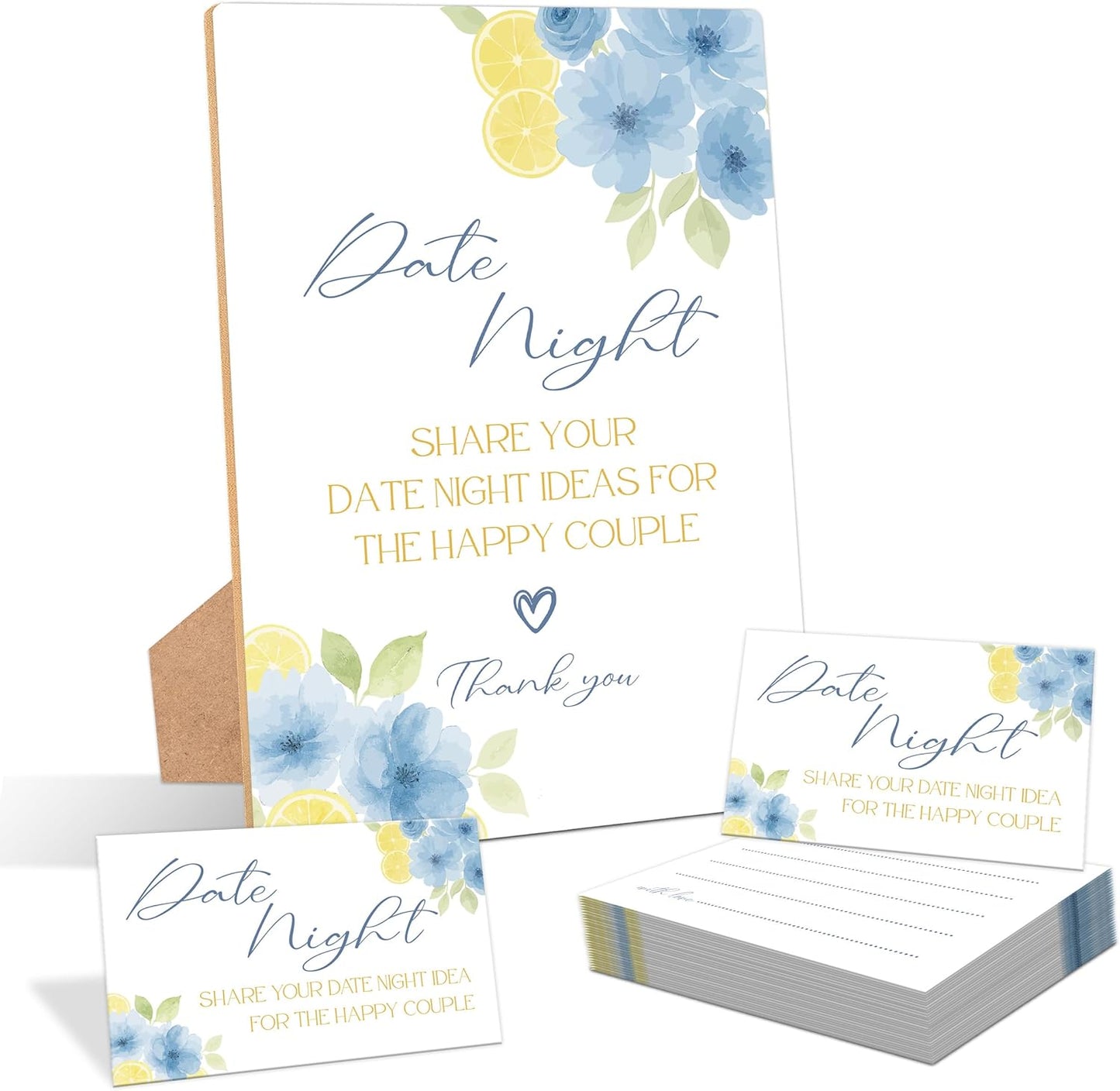 Blue Citrus Date Night Bridal Shower Game, Pack of 1 Wooden Tabletop Sign with Stand and 50 Date Night Cards, Lemon Bridal Shower Decorations, Wedding Engagement Decor - YN05