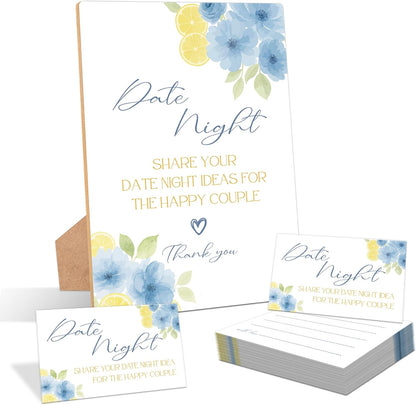 Blue Citrus Date Night Bridal Shower Game, Pack of 1 Wooden Tabletop Sign with Stand and 50 Date Night Cards, Lemon Bridal Shower Decorations, Wedding Engagement Decor - YN05