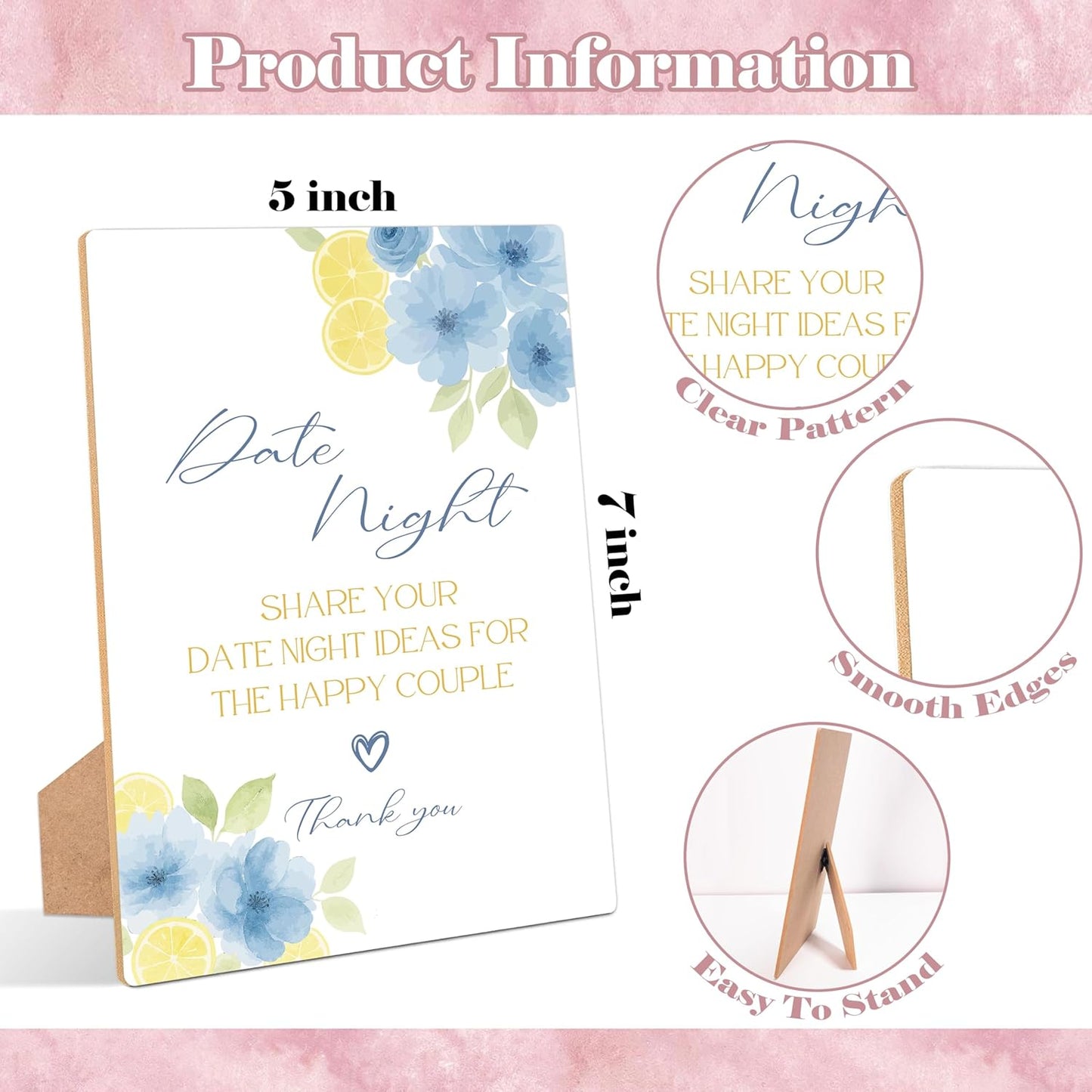 Blue Citrus Date Night Bridal Shower Game, Pack of 1 Wooden Tabletop Sign with Stand and 50 Date Night Cards, Lemon Bridal Shower Decorations, Wedding Engagement Decor - YN05