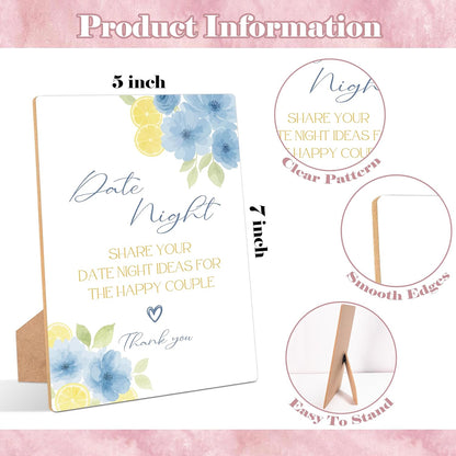 Blue Citrus Date Night Bridal Shower Game, Pack of 1 Wooden Tabletop Sign with Stand and 50 Date Night Cards, Lemon Bridal Shower Decorations, Wedding Engagement Decor - YN05