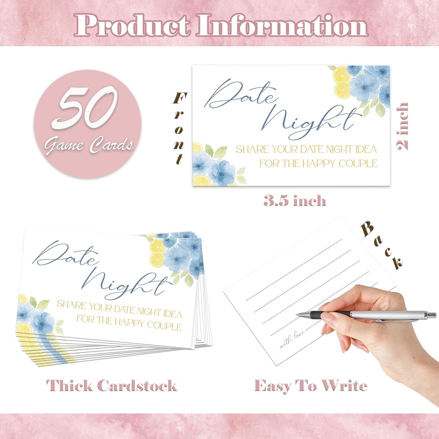 Blue Citrus Date Night Bridal Shower Game, Pack of 1 Wooden Tabletop Sign with Stand and 50 Date Night Cards, Lemon Bridal Shower Decorations, Wedding Engagement Decor - YN05