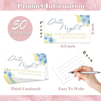 Blue Citrus Date Night Bridal Shower Game, Pack of 1 Wooden Tabletop Sign with Stand and 50 Date Night Cards, Lemon Bridal Shower Decorations, Wedding Engagement Decor - YN05