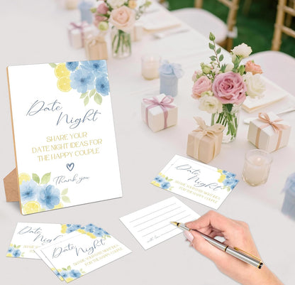 Blue Citrus Date Night Bridal Shower Game, Pack of 1 Wooden Tabletop Sign with Stand and 50 Date Night Cards, Lemon Bridal Shower Decorations, Wedding Engagement Decor - YN05