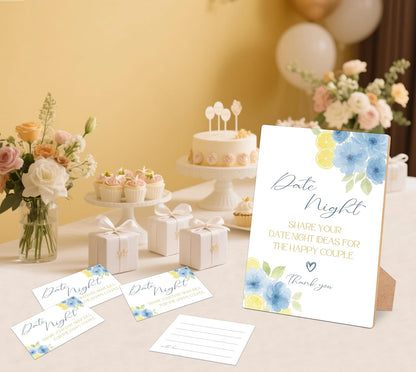 Blue Citrus Date Night Bridal Shower Game, Pack of 1 Wooden Tabletop Sign with Stand and 50 Date Night Cards, Lemon Bridal Shower Decorations, Wedding Engagement Decor - YN05