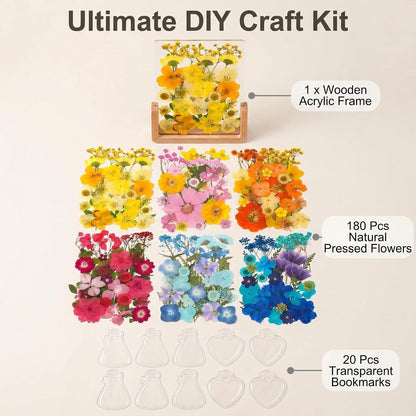 Pressed Dried Flowers Craft Kit, 180Pcs Dried Flowers Leaves, DIY Floral with 6×8in Wooden Acrylic Frame, 20 Bookmarks for Resin Art, Candle Soap Making, Nail Art, Face Decor, Home Decoration
