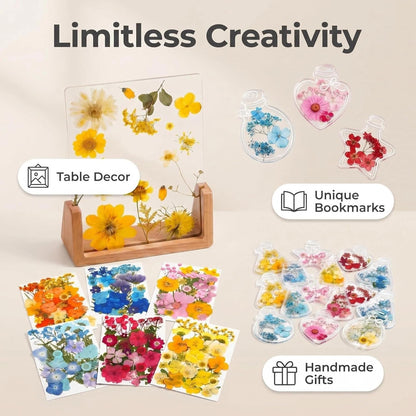 Pressed Dried Flowers Craft Kit, 180Pcs Dried Flowers Leaves, DIY Floral with 6×8in Wooden Acrylic Frame, 20 Bookmarks for Resin Art, Candle Soap Making, Nail Art, Face Decor, Home Decoration