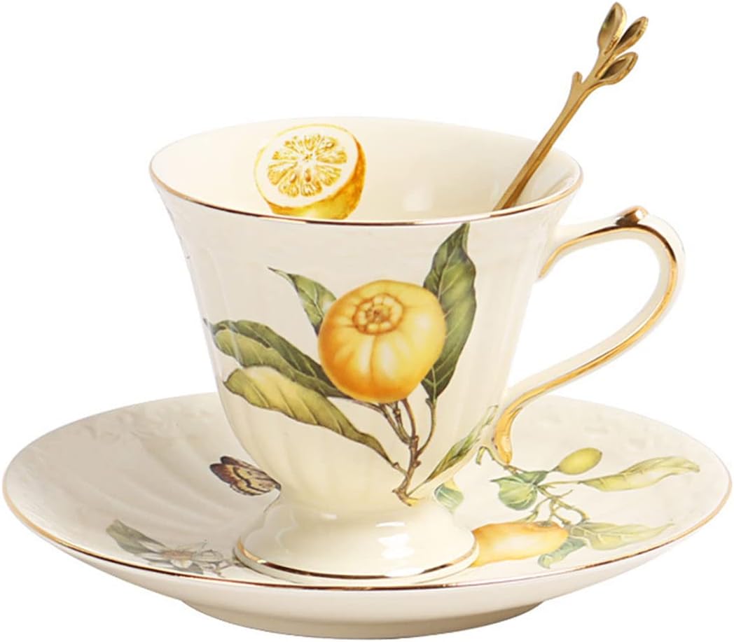 Porcelain Cup and Saucer Set with Golden Spoon, 6oz Tea Cup Coffee Mug, Cute Lemon Pattern