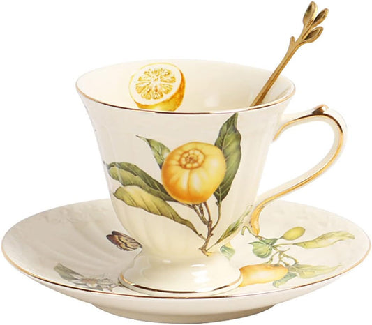 Porcelain Cup and Saucer Set with Golden Spoon, 6oz Tea Cup Coffee Mug, Cute Lemon Pattern