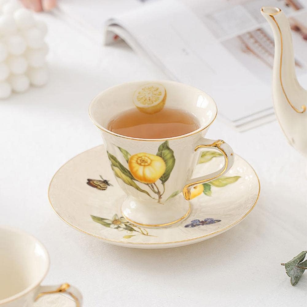 Porcelain Cup and Saucer Set with Golden Spoon, 6oz Tea Cup Coffee Mug, Cute Lemon Pattern