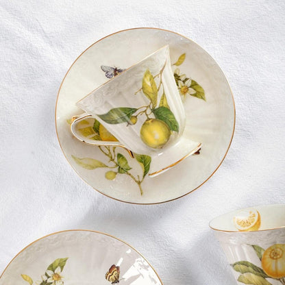 Porcelain Cup and Saucer Set with Golden Spoon, 6oz Tea Cup Coffee Mug, Cute Lemon Pattern