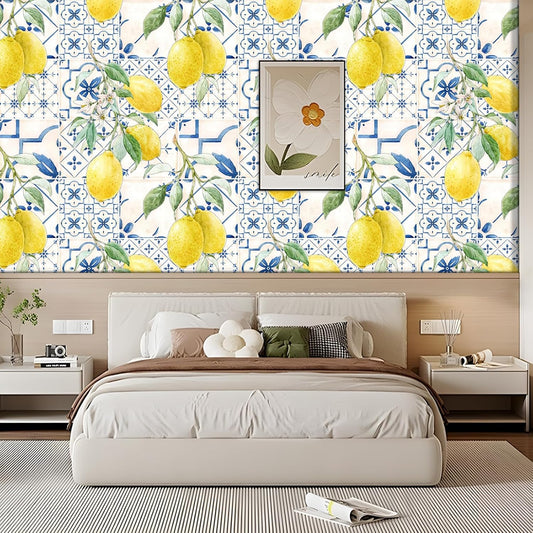 Vintage Watercolor Floral Wallpaper Self Adhesive Peel and Stick White Vivid Lemon Tile Flower Leaf Contact Paper Removable Waterproof for Bedroom Renter Friendly 17.71"x 236.2"