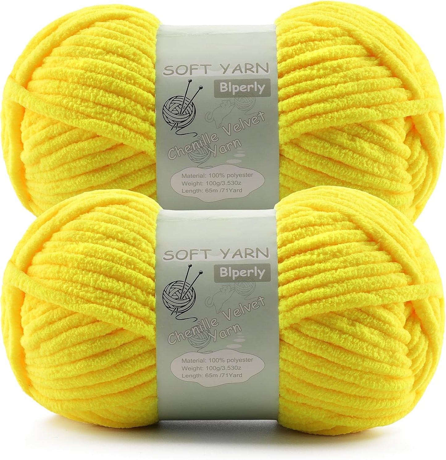 Chunky Chenille Yarn Velvet Soft Super Bulky Size 6 for Crocheting Knitting, Baby Blanket Yarn, 100g 71 Yds per Skein, Easy to Use for Scarves, Amigurumi, Crafts (2, Lemon Yellow)