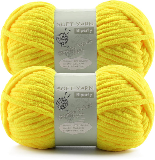 Chunky Chenille Yarn Velvet Soft Super Bulky Size 6 for Crocheting Knitting, Baby Blanket Yarn, 100g 71 Yds per Skein, Easy to Use for Scarves, Amigurumi, Crafts (2, Lemon Yellow)