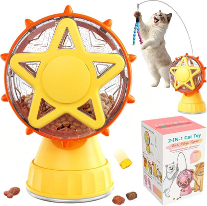 Interactive Cat Toy with Treat Dispenser & Wand Teaser Indoor Cats(Yellow) | Stable Suction Base Design|Adjustable Treat Opening|Indoor Cat Boredom Relief|Hunting Instinct Stimulation