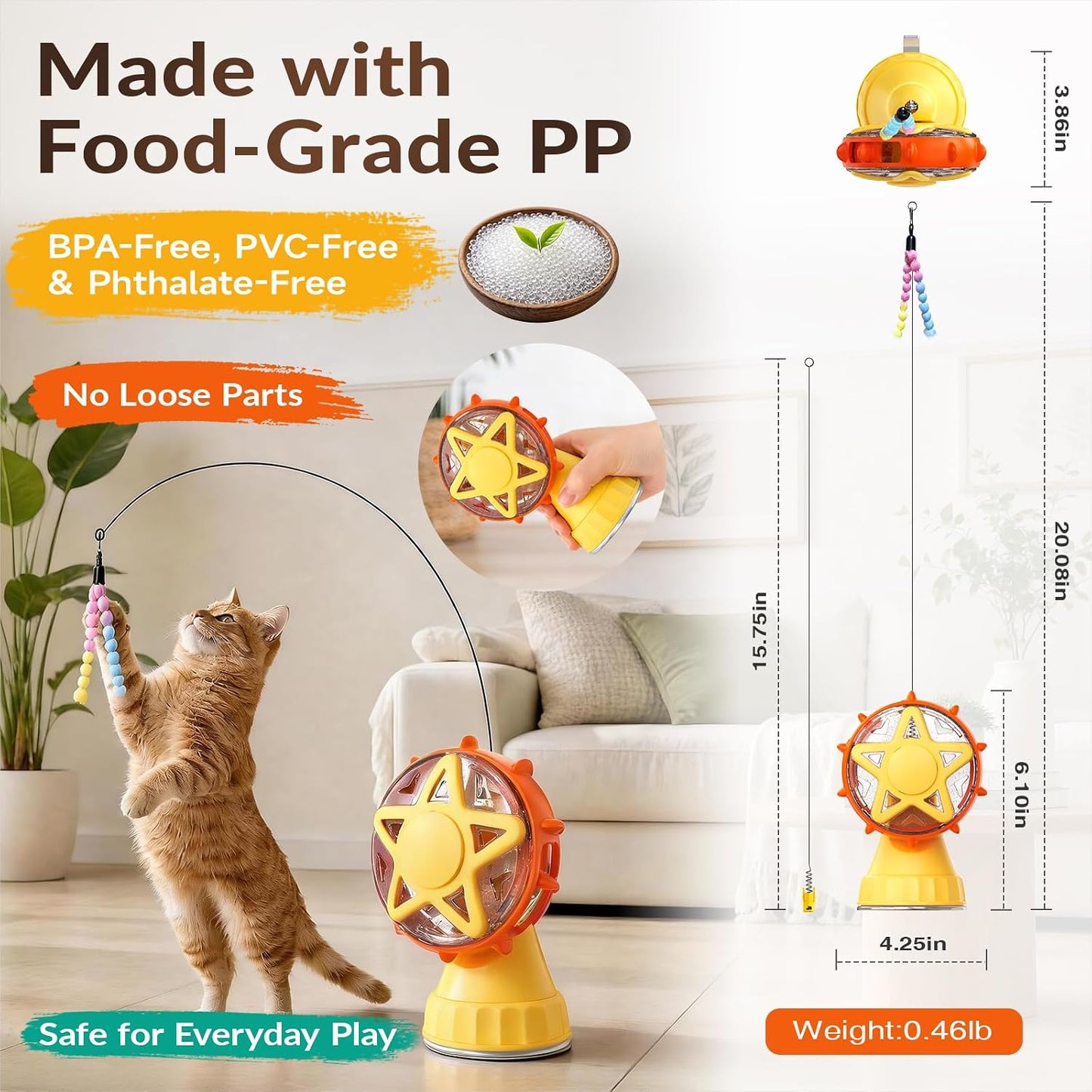 Interactive Cat Toy with Treat Dispenser & Wand Teaser Indoor Cats(Yellow) | Stable Suction Base Design|Adjustable Treat Opening|Indoor Cat Boredom Relief|Hunting Instinct Stimulation