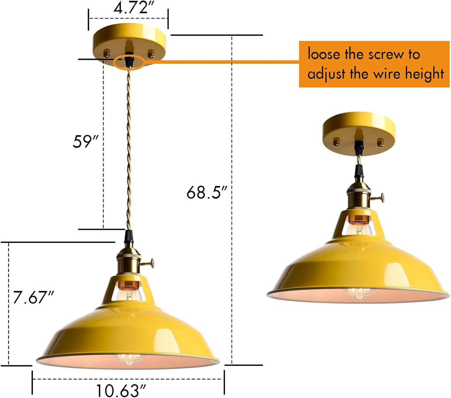 CLAXY Modern Pendant Light Yellow Metal Adjustable Hanging Kitchen Light | Nodic Home Pendant Light with Switch for Kitchen Island Bar Adjustable Hanging Cord Light for Loft Dining Table Bedroom Cafe
