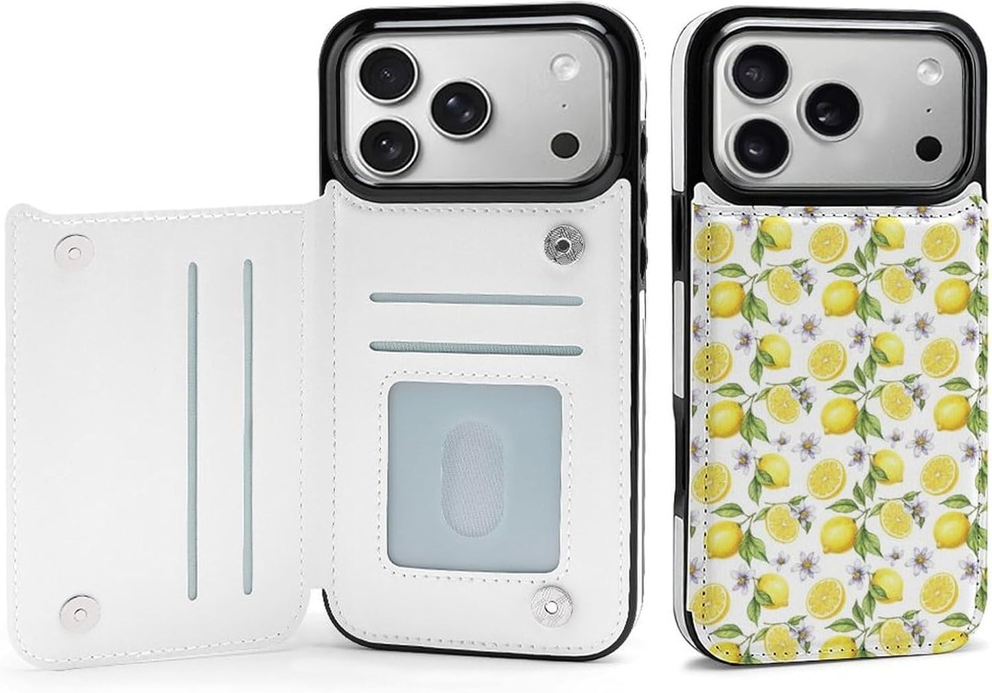 Compatible for iPhone 17 Series Flip Wallet Case with Integrated Card Holder and Camera Bezel, Yellow Fruits Green Leaves Lemon Floral