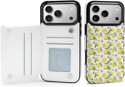 Compatible for iPhone 17 Series Flip Wallet Case with Integrated Card Holder and Camera Bezel, Yellow Fruits Green Leaves Lemon Floral