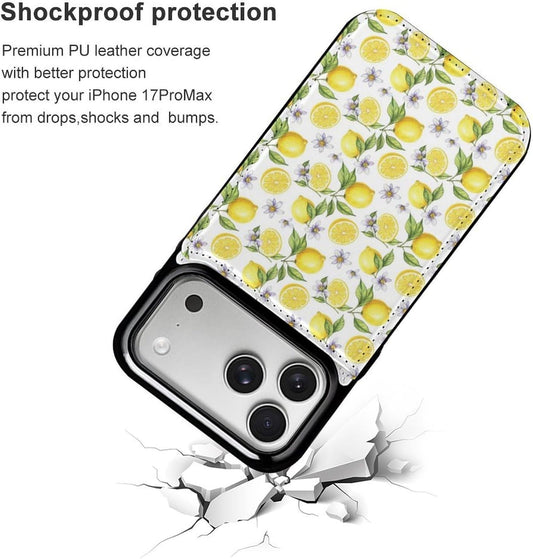 Compatible for iPhone 17 Series Flip Wallet Case with Integrated Card Holder and Camera Bezel, Yellow Fruits Green Leaves Lemon Floral