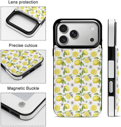 Compatible for iPhone 17 Series Flip Wallet Case with Integrated Card Holder and Camera Bezel, Yellow Fruits Green Leaves Lemon Floral