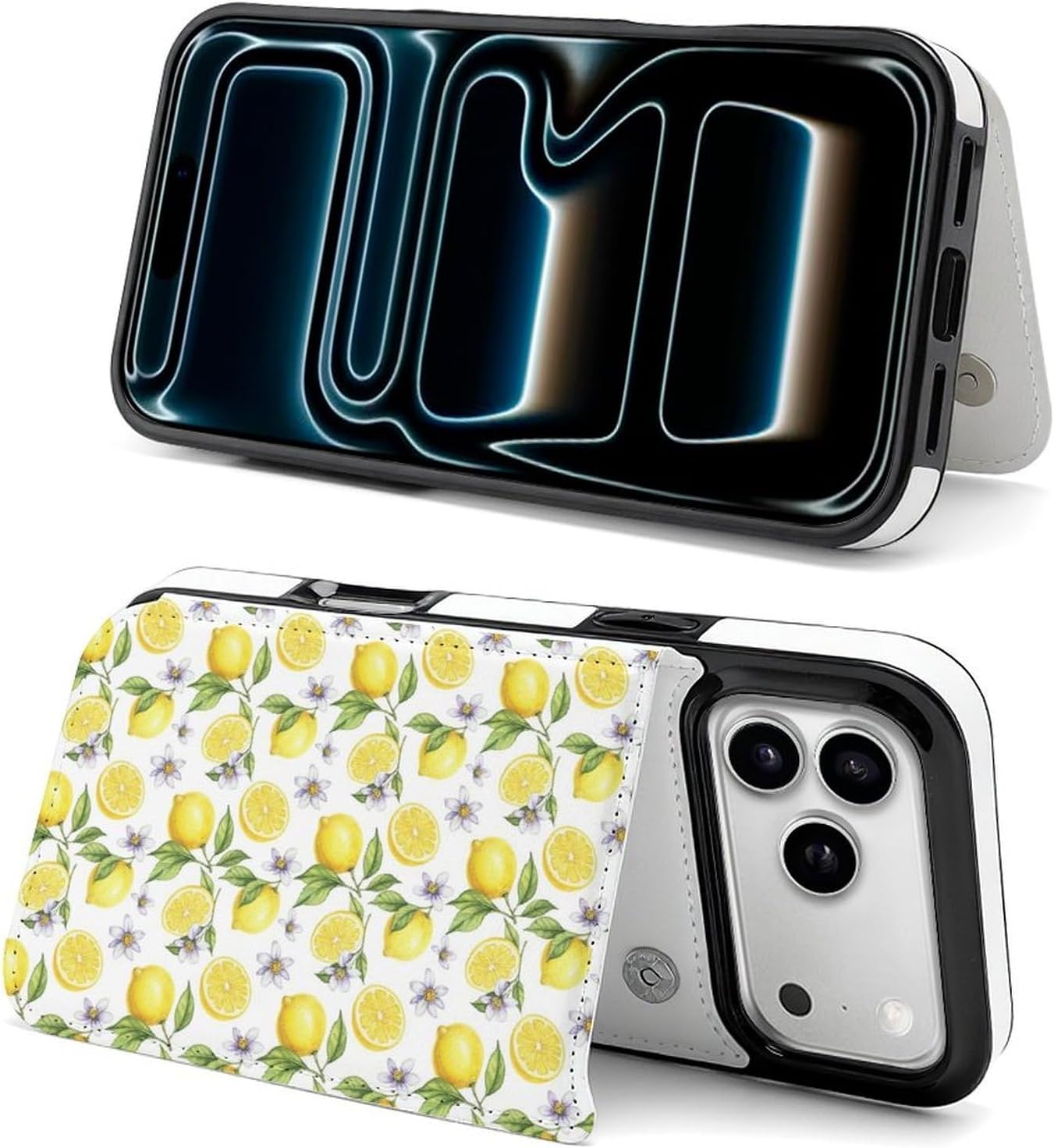 Compatible for iPhone 17 Series Flip Wallet Case with Integrated Card Holder and Camera Bezel, Yellow Fruits Green Leaves Lemon Floral