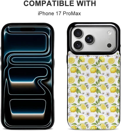 Compatible for iPhone 17 Series Flip Wallet Case with Integrated Card Holder and Camera Bezel, Yellow Fruits Green Leaves Lemon Floral