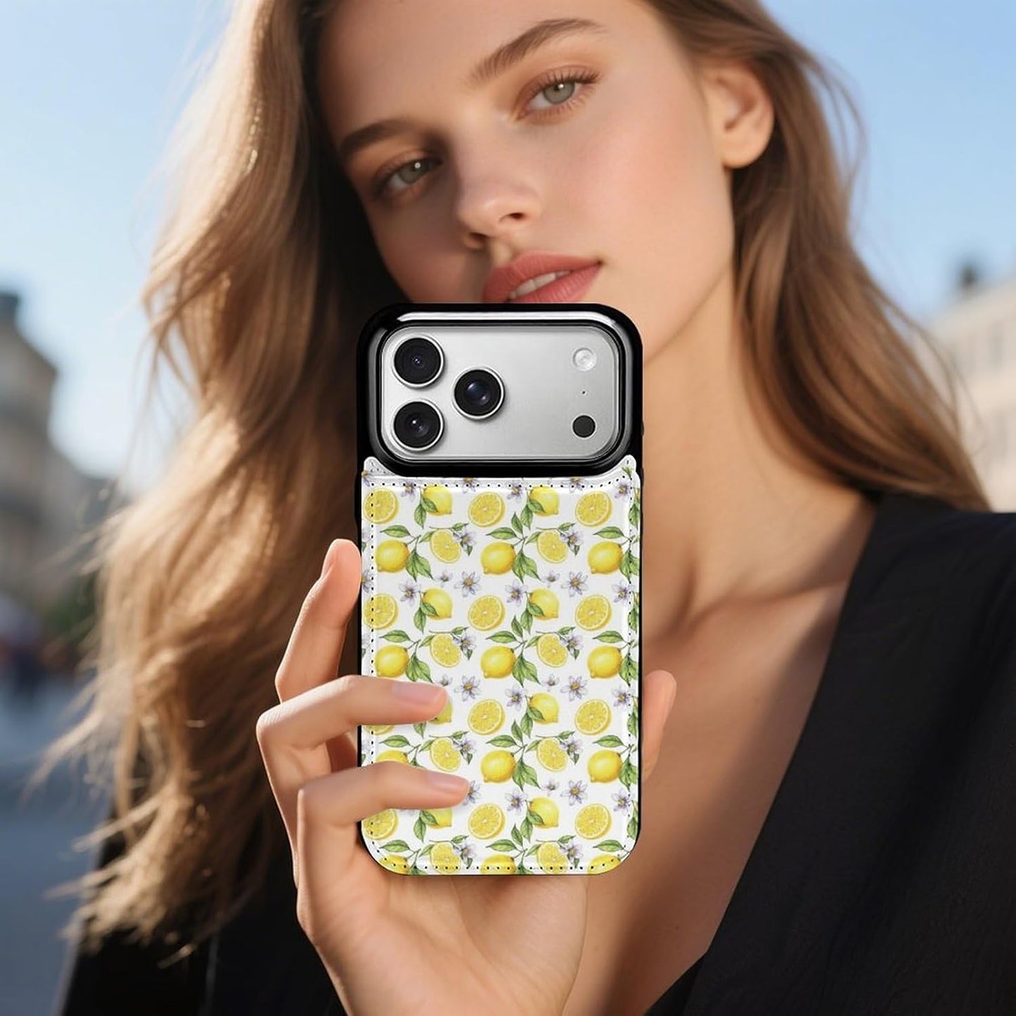 Compatible for iPhone 17 Series Flip Wallet Case with Integrated Card Holder and Camera Bezel, Yellow Fruits Green Leaves Lemon Floral