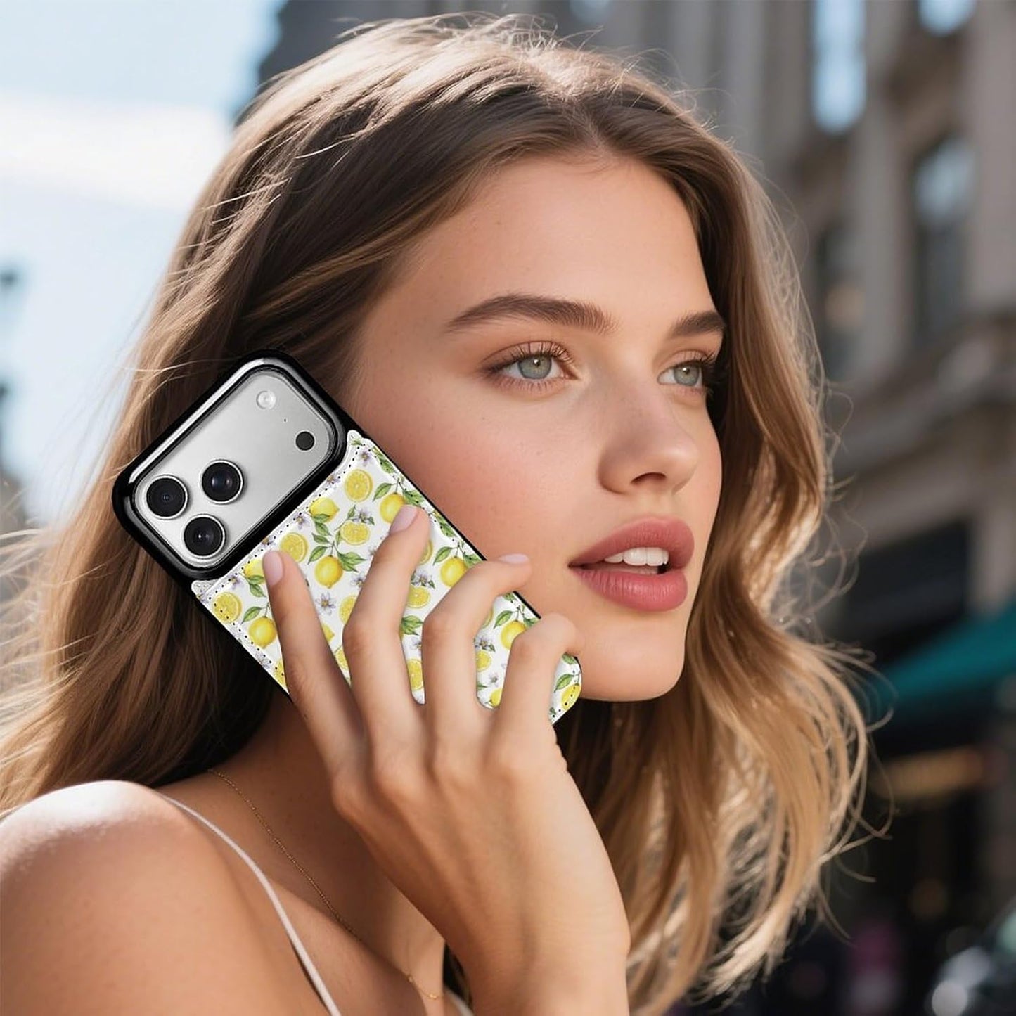 Compatible for iPhone 17 Series Flip Wallet Case with Integrated Card Holder and Camera Bezel, Yellow Fruits Green Leaves Lemon Floral