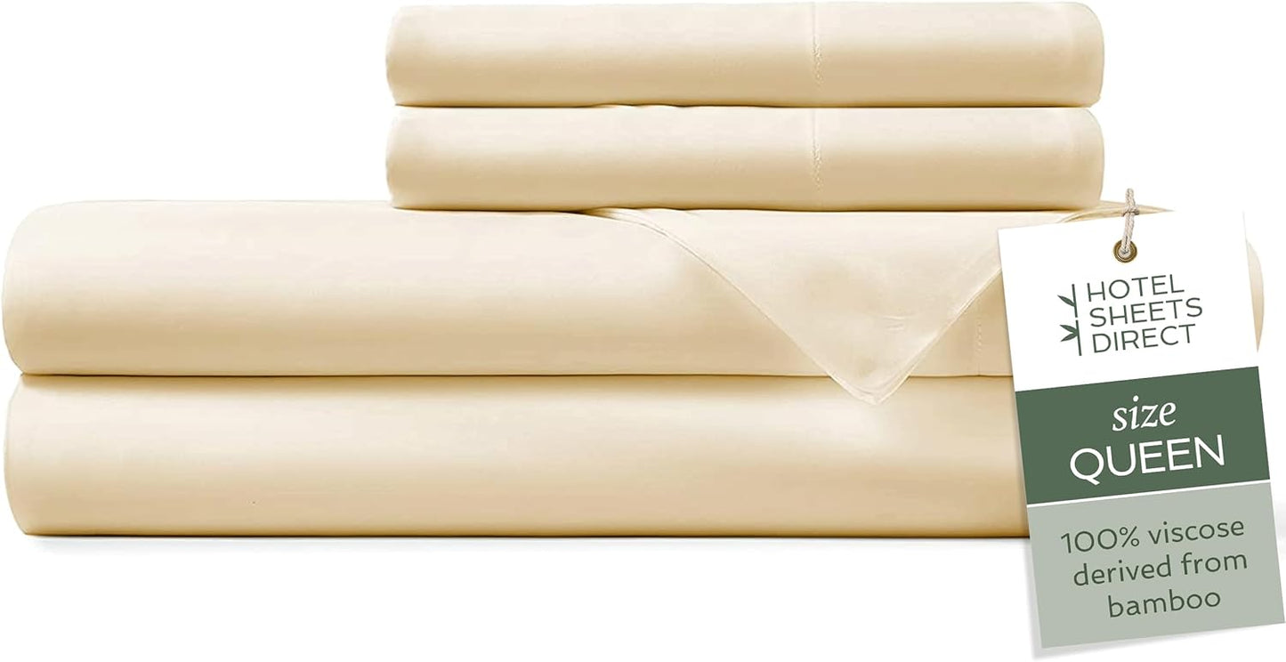4 Piece Bed Sheet Set Queen Size, 100% Viscose Derived from Bamboo Sheets Set with 2 Pillowcases, Cooling & Breathable Luxury Bedding, Moisture-Wicking & Silky Soft, Light Yellow
