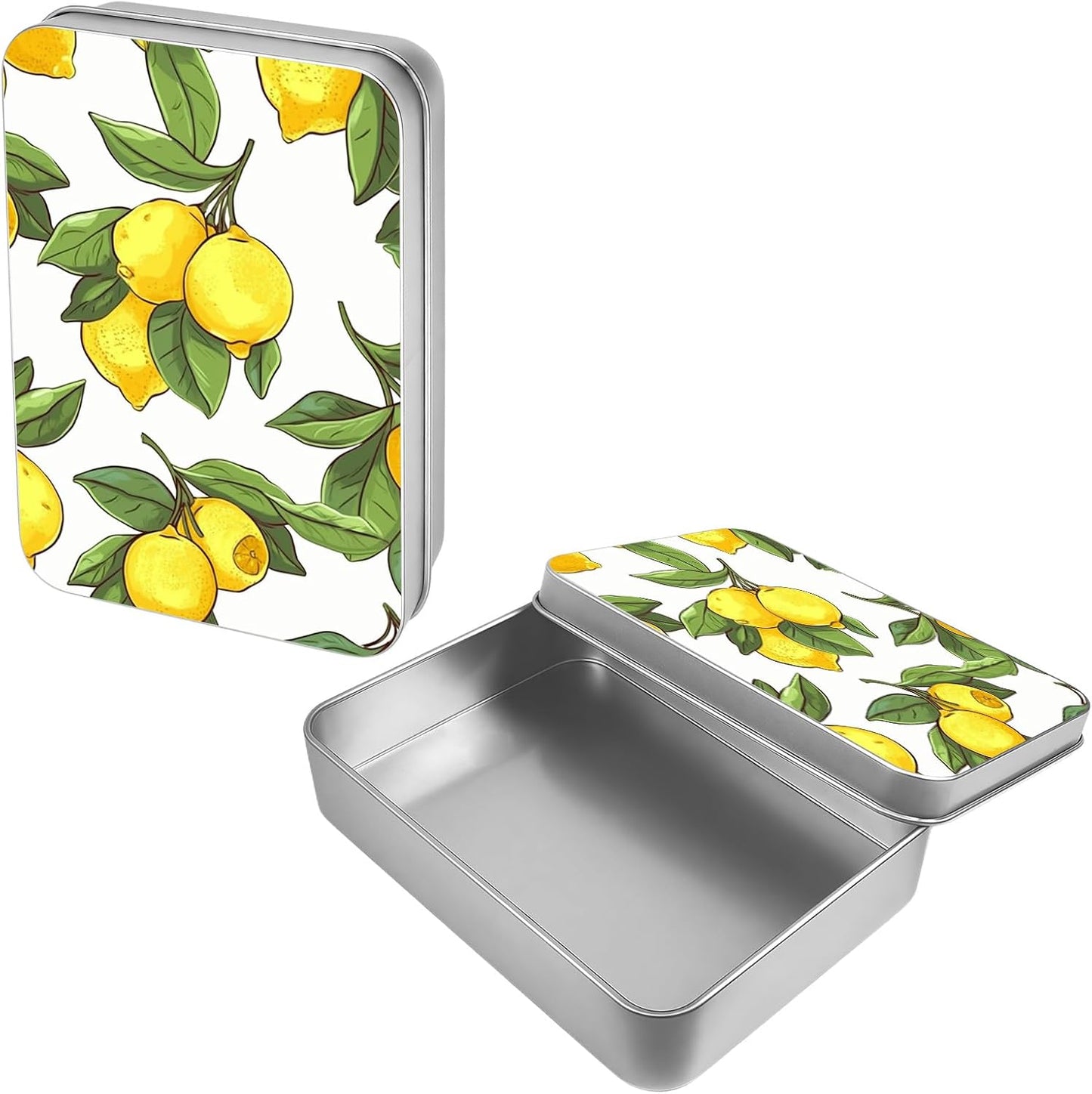 Lemons Metal Tin Box, 4.53x3.35x0.86 Inches Rectangular Empty Silver Storage Container with Lid – Small Home Organizer, Gifts, Candy, Crafts, Jewelry, Sewing Kits, Cookie Box