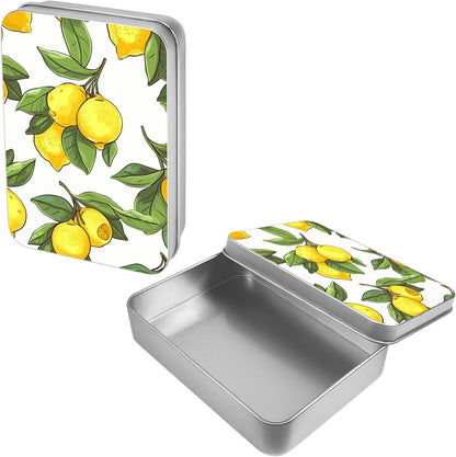 Lemons Metal Tin Box, 4.53x3.35x0.86 Inches Rectangular Empty Silver Storage Container with Lid – Small Home Organizer, Gifts, Candy, Crafts, Jewelry, Sewing Kits, Cookie Box