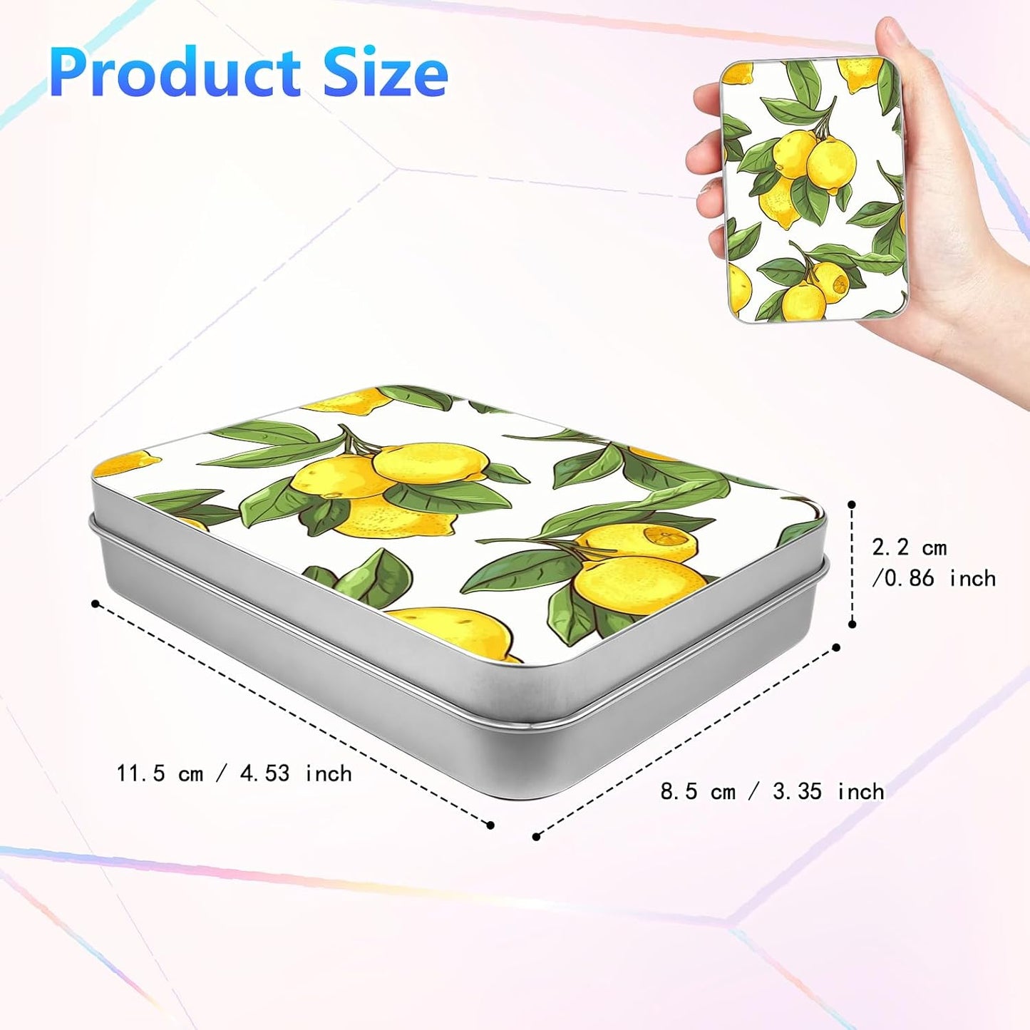 Lemons Metal Tin Box, 4.53x3.35x0.86 Inches Rectangular Empty Silver Storage Container with Lid – Small Home Organizer, Gifts, Candy, Crafts, Jewelry, Sewing Kits, Cookie Box