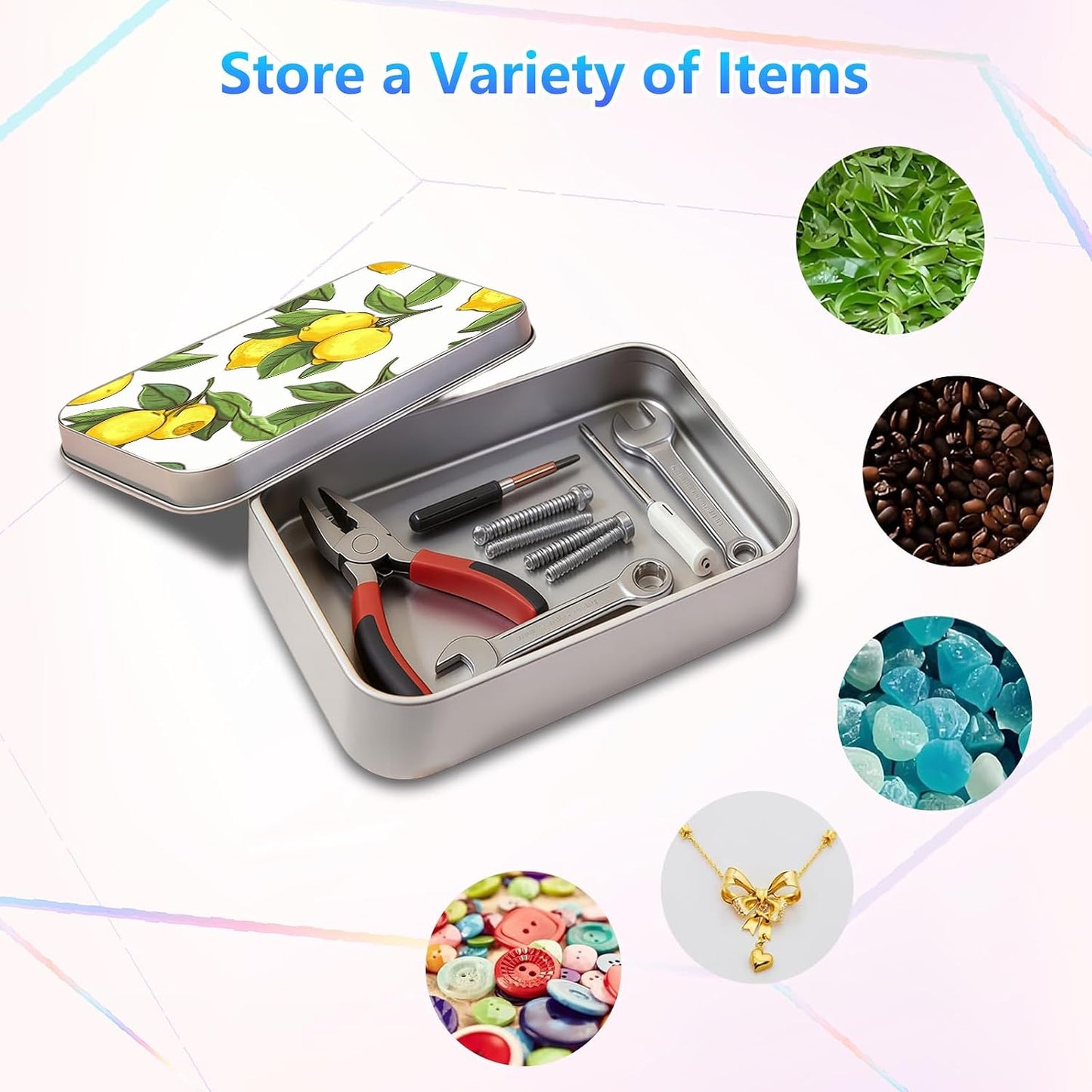 Lemons Metal Tin Box, 4.53x3.35x0.86 Inches Rectangular Empty Silver Storage Container with Lid – Small Home Organizer, Gifts, Candy, Crafts, Jewelry, Sewing Kits, Cookie Box